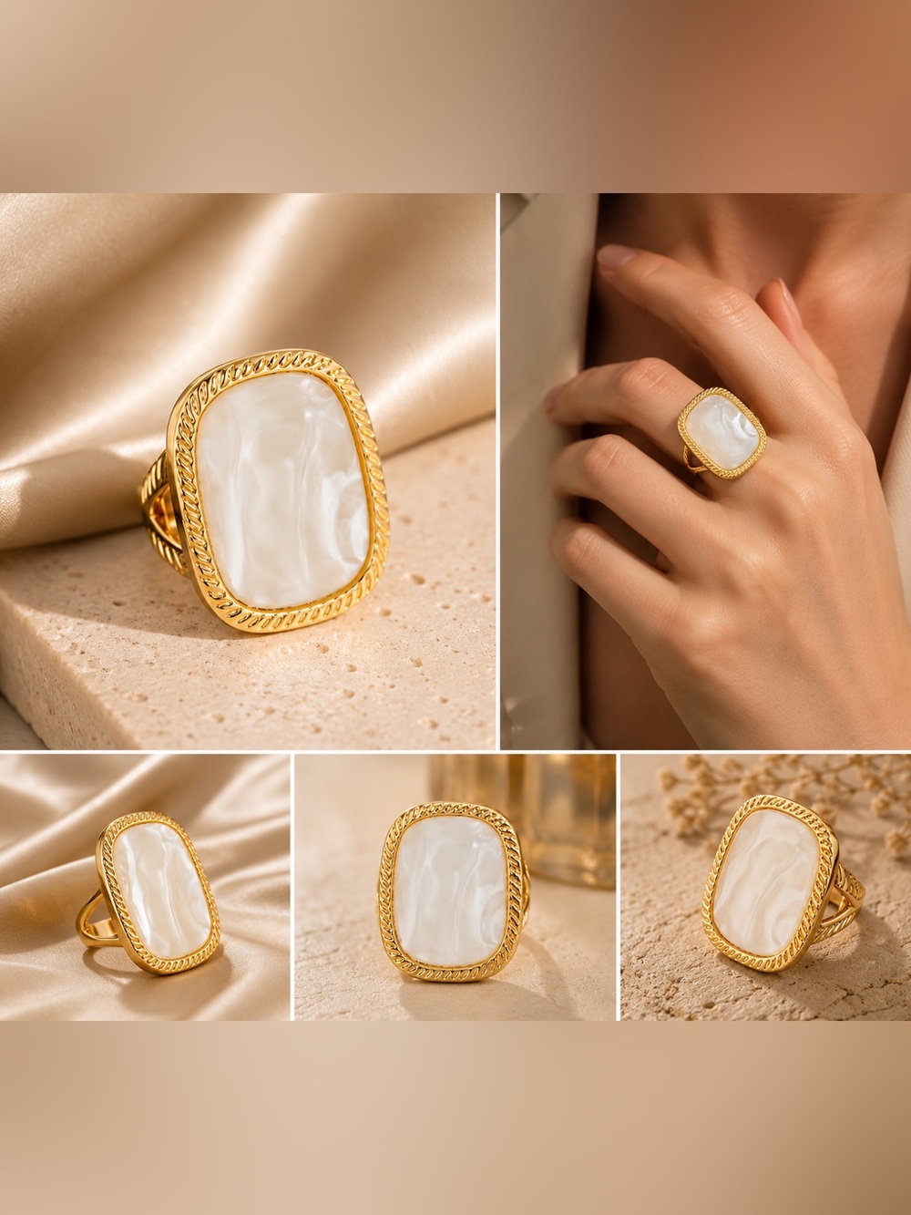 Gold Mother of Pearl Statement Ring • Minimalist Luxury Adjustable Ring